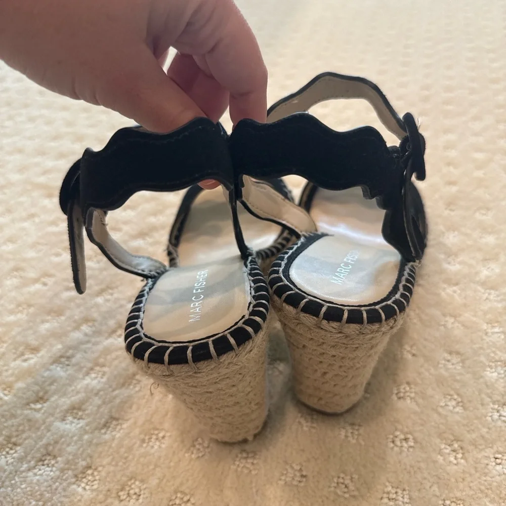 Marc Fisher Black Suede Scallop Espadrille Wedge Sandals Size 10M